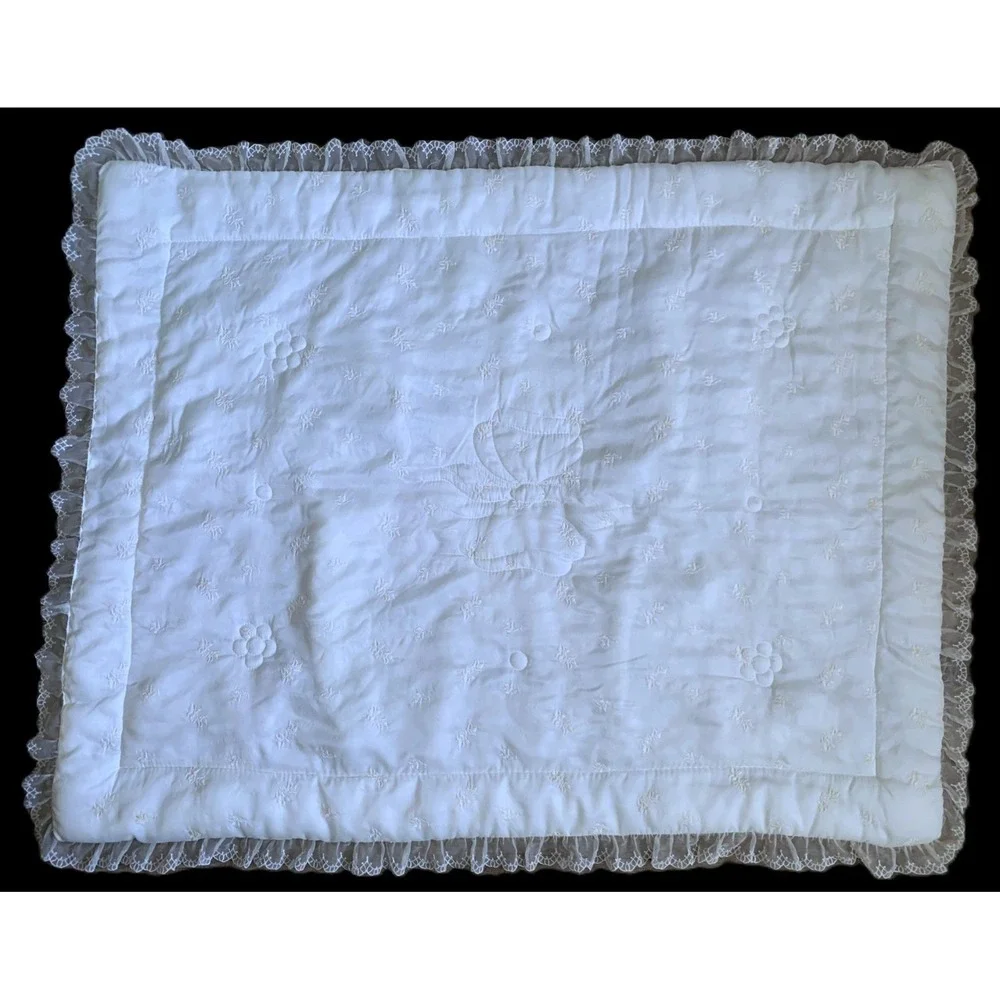 1960's Oyster Nylon Silky Feel Crib Comforter Blankie Quilt Embroidery & Lace